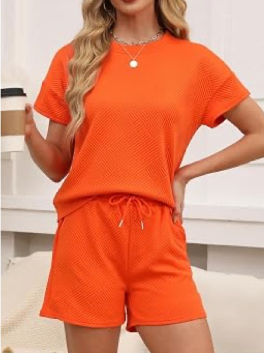 Women's Bright Orange Short Sleeve Knit Matching Set